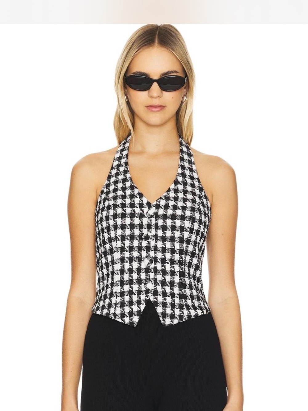 Houndstooth Halter Button-Front Camisole - Black & White